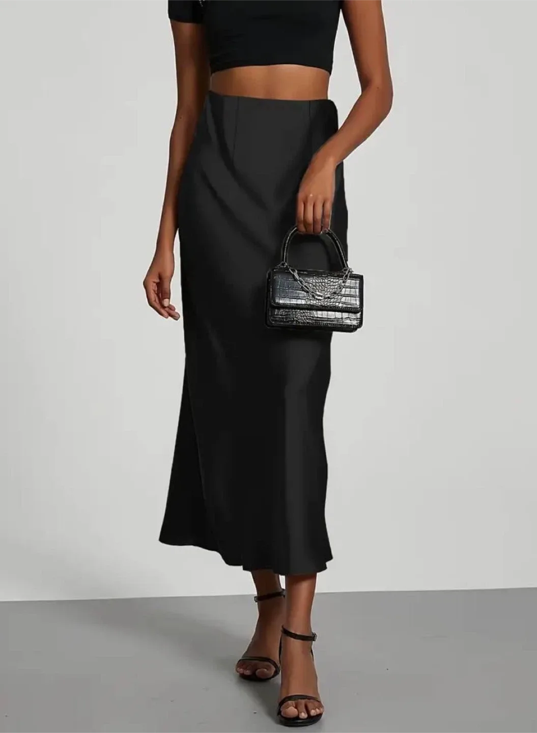Black Satin Midi Skirt, size S thumbnail