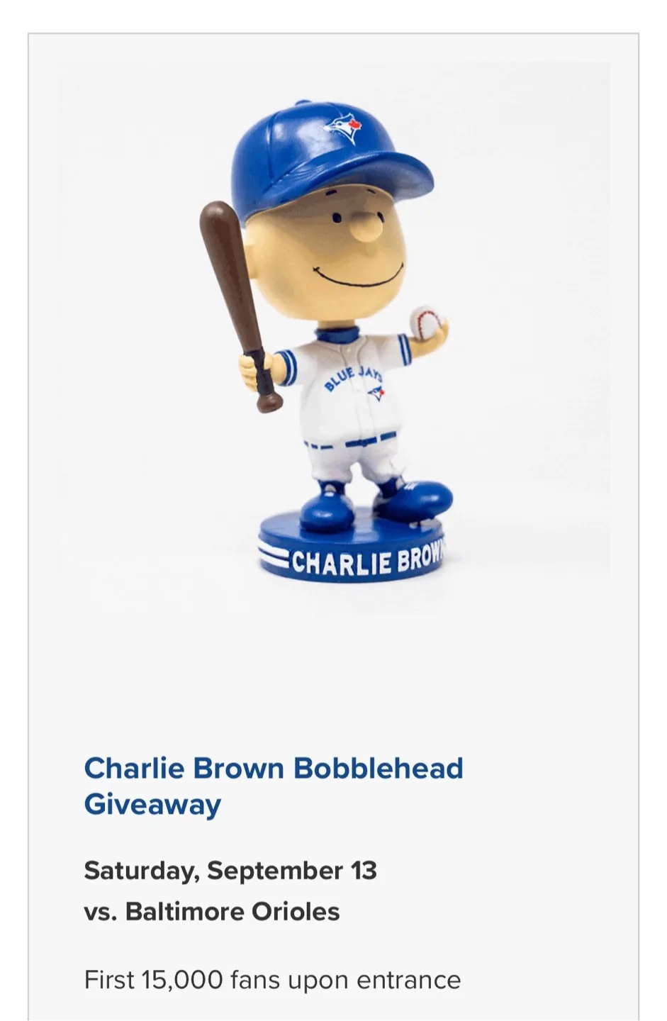 Toronto Blue Jays Charlie Brown (Peanuts) Bobblehead - BNIB thumbnail