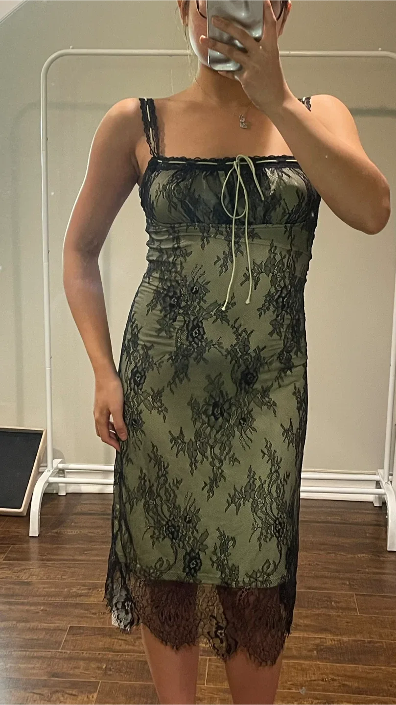Lace Trimmed Dress - Black & Olive thumbnail