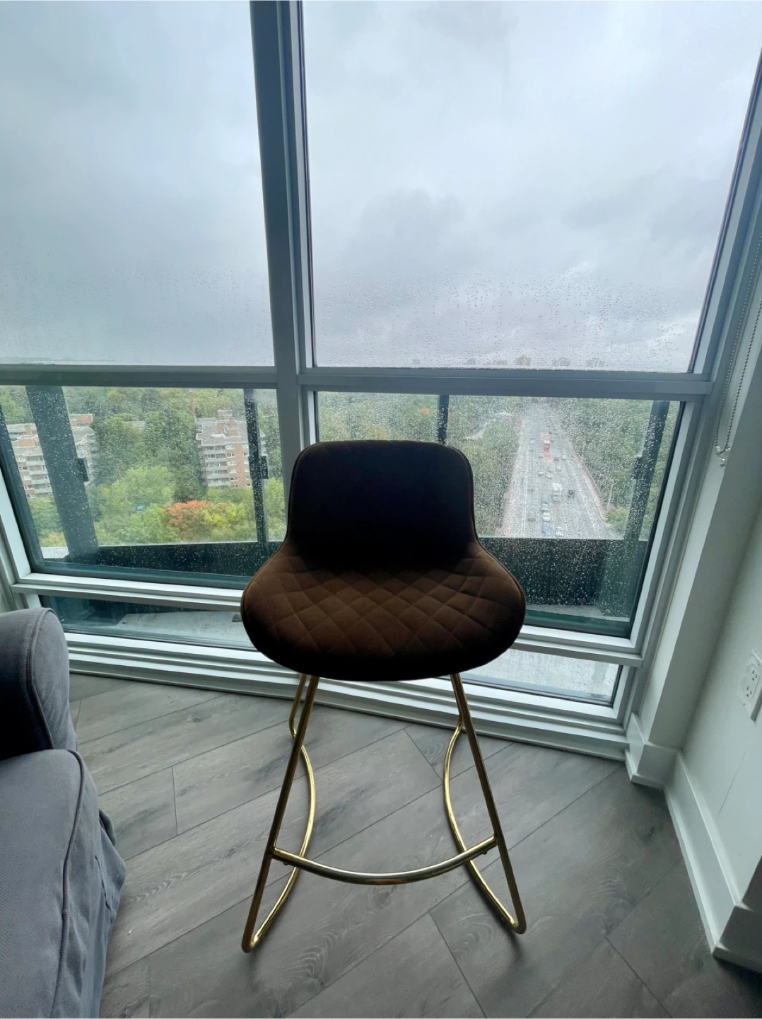 Brown Velvet Bar Stool with Gold Legs - photo 2