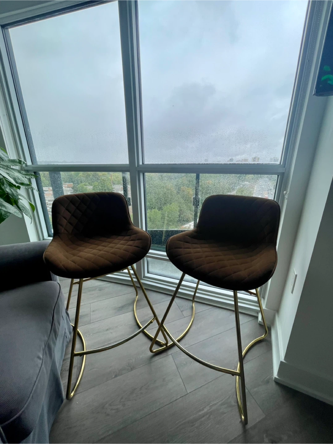 Brown Velvet Bar Stool with Gold Legs