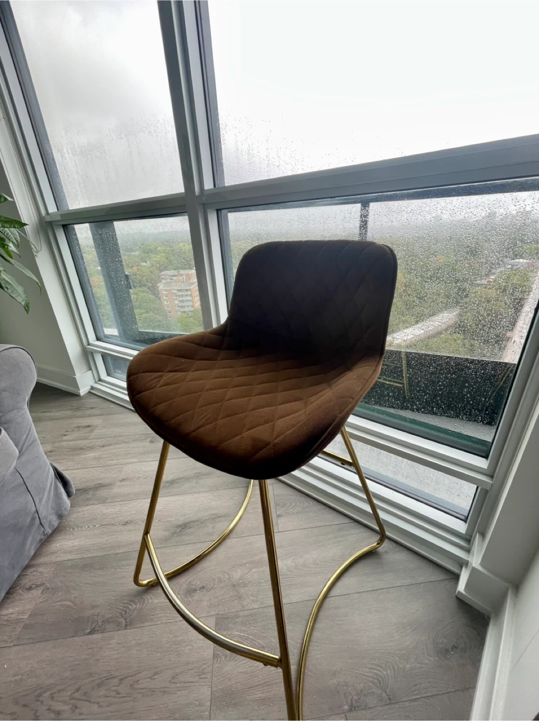 Brown Velvet Bar Stool with Gold Legs - photo 3