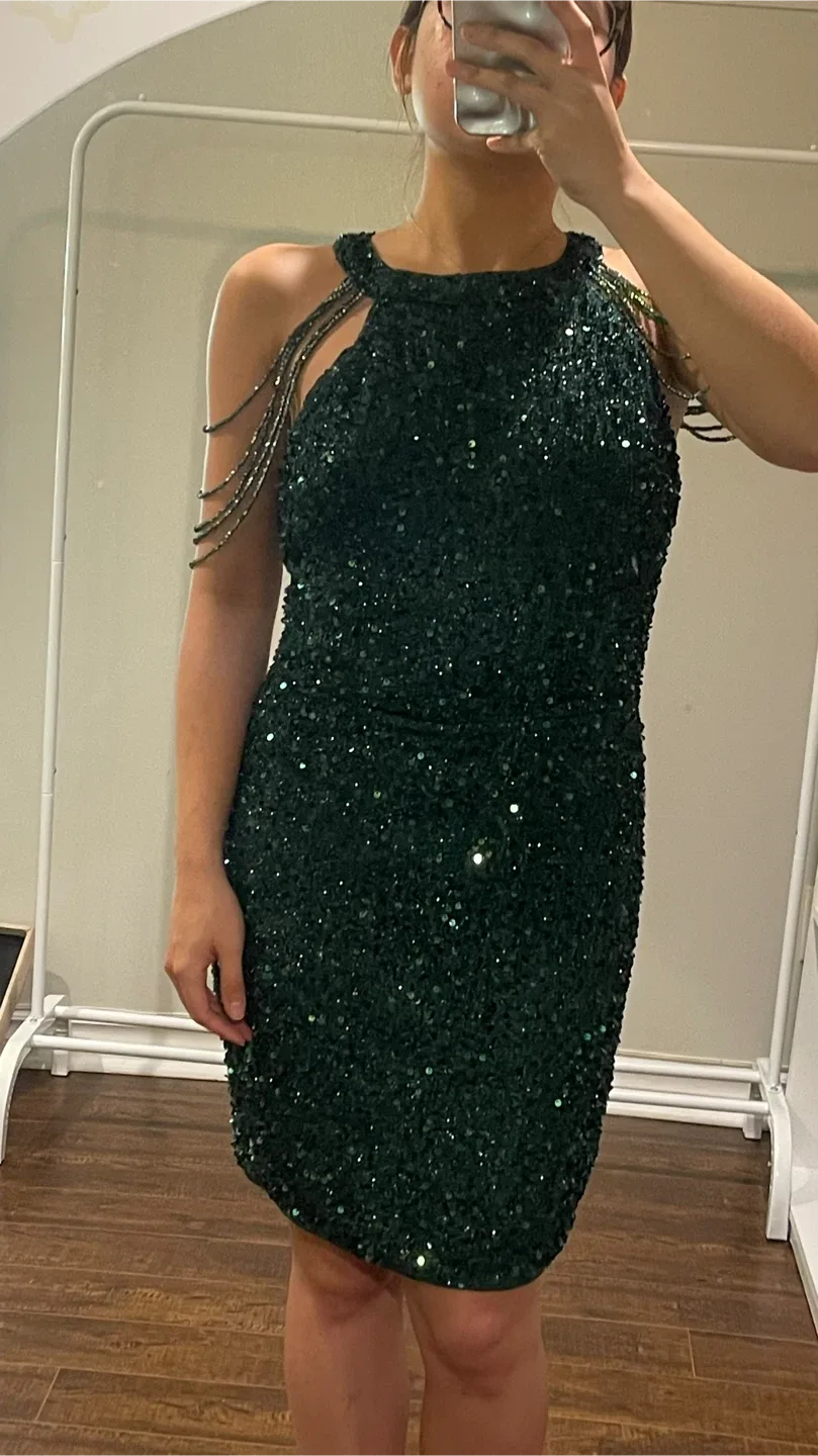 Green Sequin Dress with Beaded Detail thumbnail