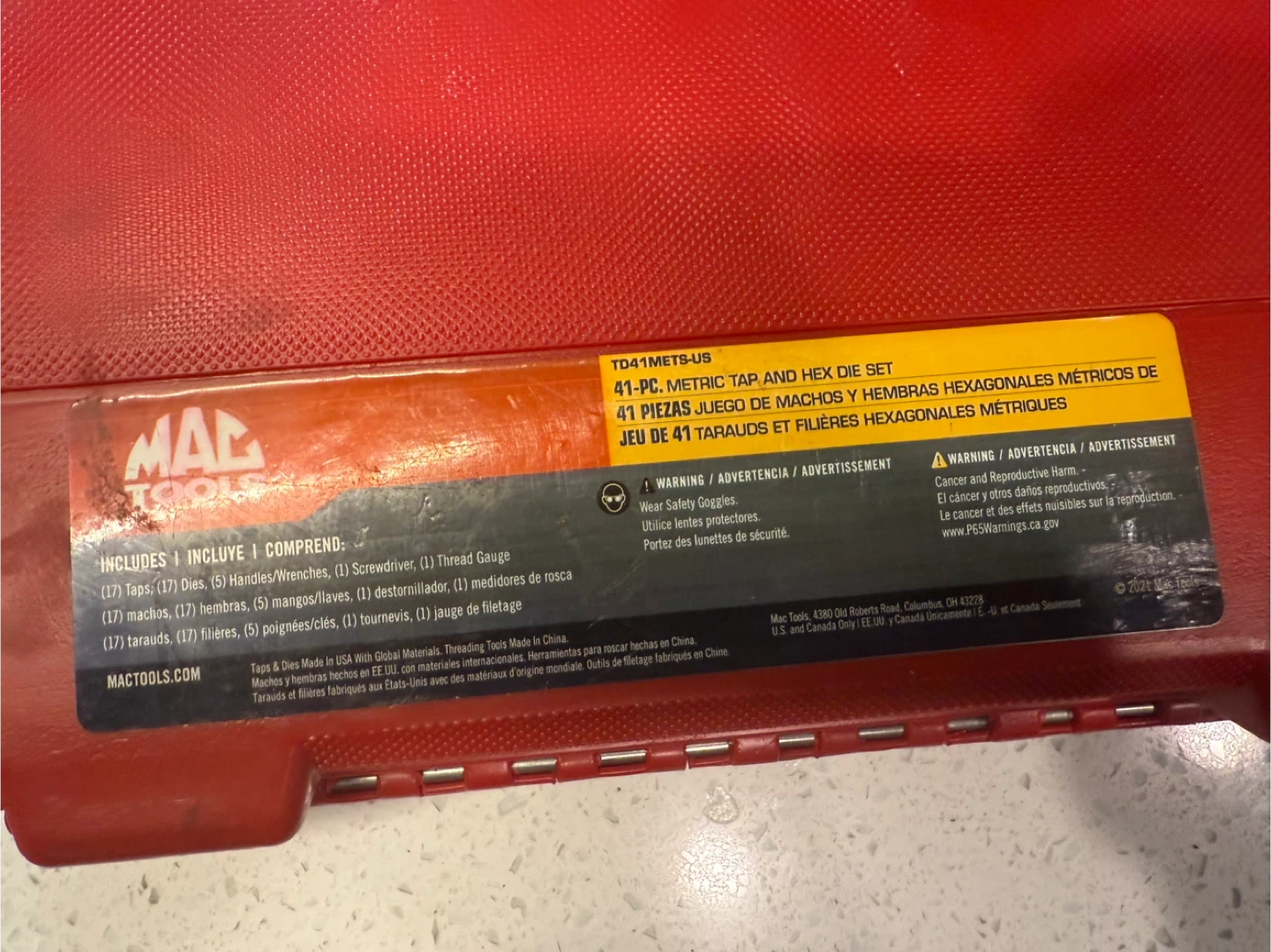 MAC Tools 41-PC Metric Tap and Hex Die Set TD41METS-US - photo 3
