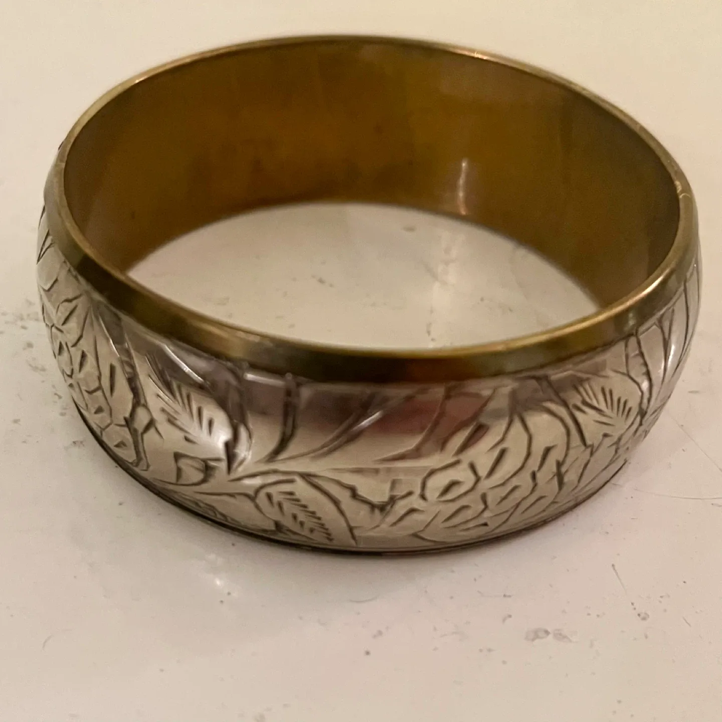 Vintage Solid Brass with Carved Silver Bangle Bracelet thumbnail