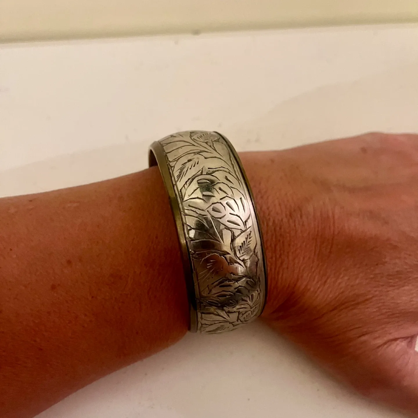 Vintage Solid Brass with Carved Silver Bangle Bracelet image indicator(2)