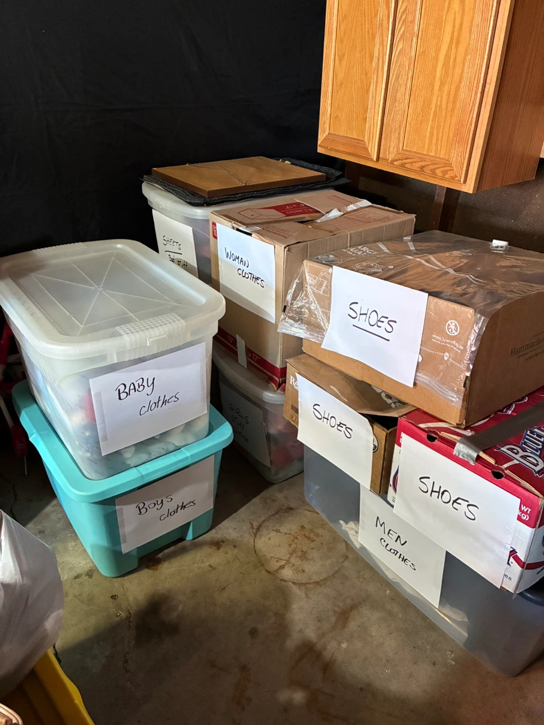 Boxes & Bins of Clothes & Shoes