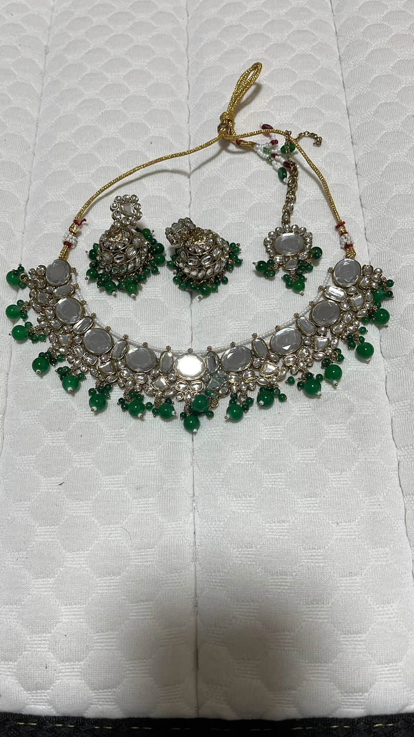 Necklace, Earrings, and Headpiece Set - Green & Silver
