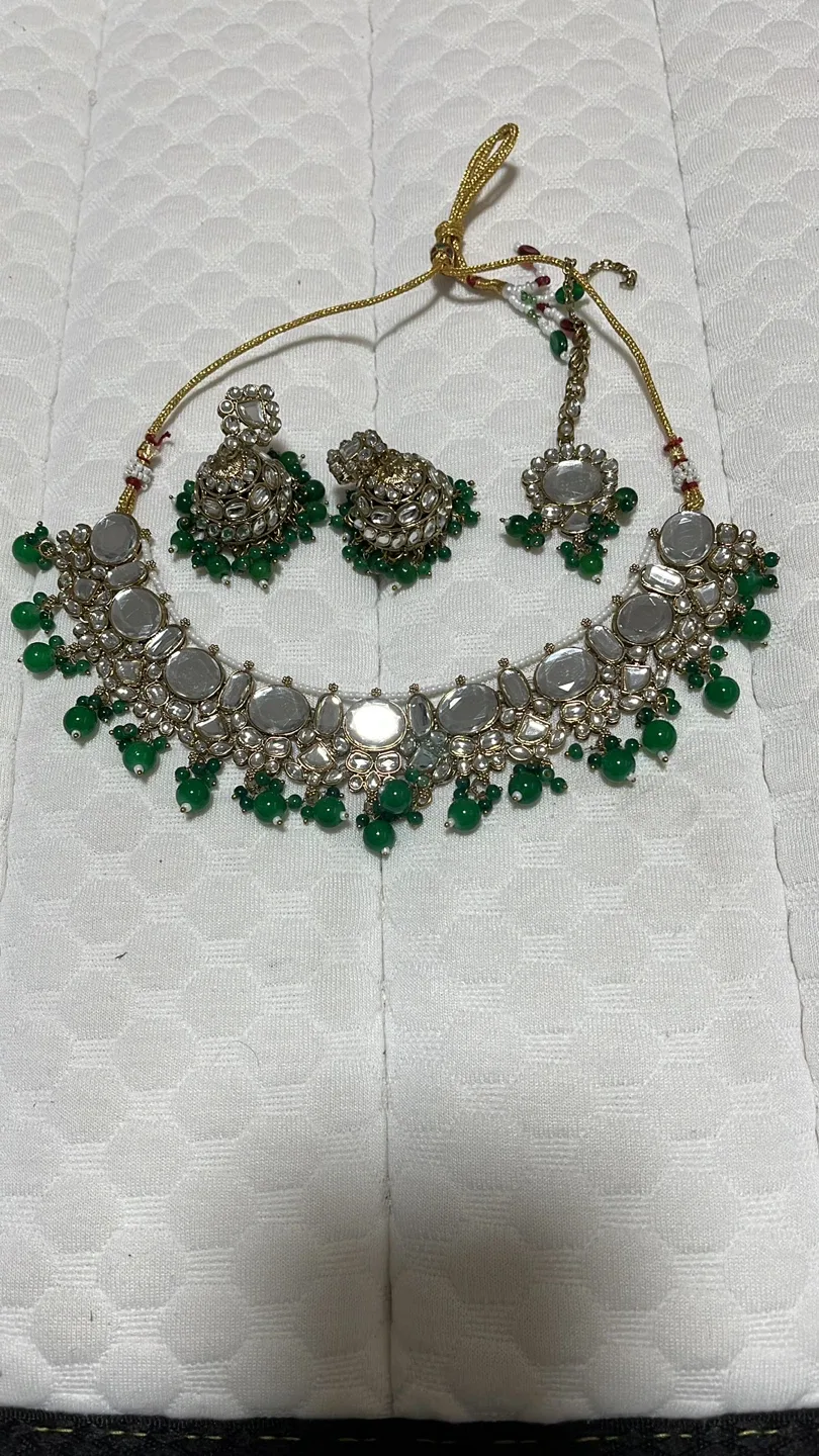 Necklace, Earrings, and Headpiece Set - Green & Silver thumbnail