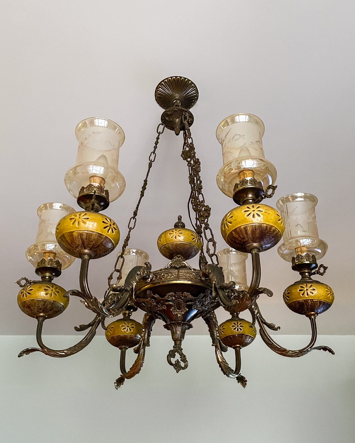 Vintage Ceramic & Brass Chandelier