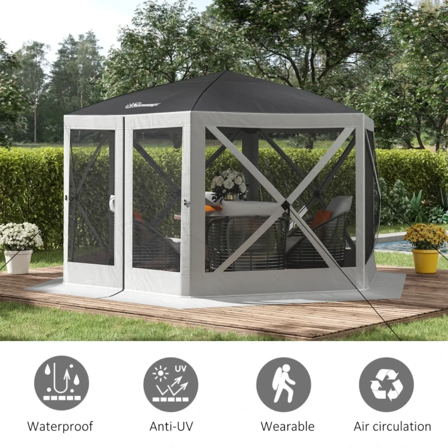 Outsunny 12' x 12' Hexagon Automatic Pop Up Screen Tent image indicator(6)