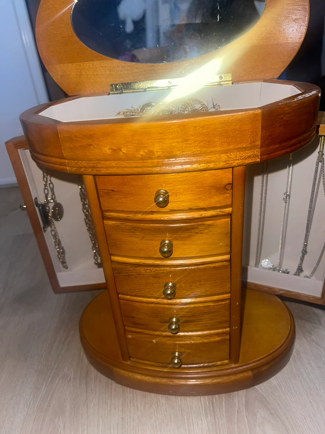 Wooden Jewelry Box with Mirror & Drawers