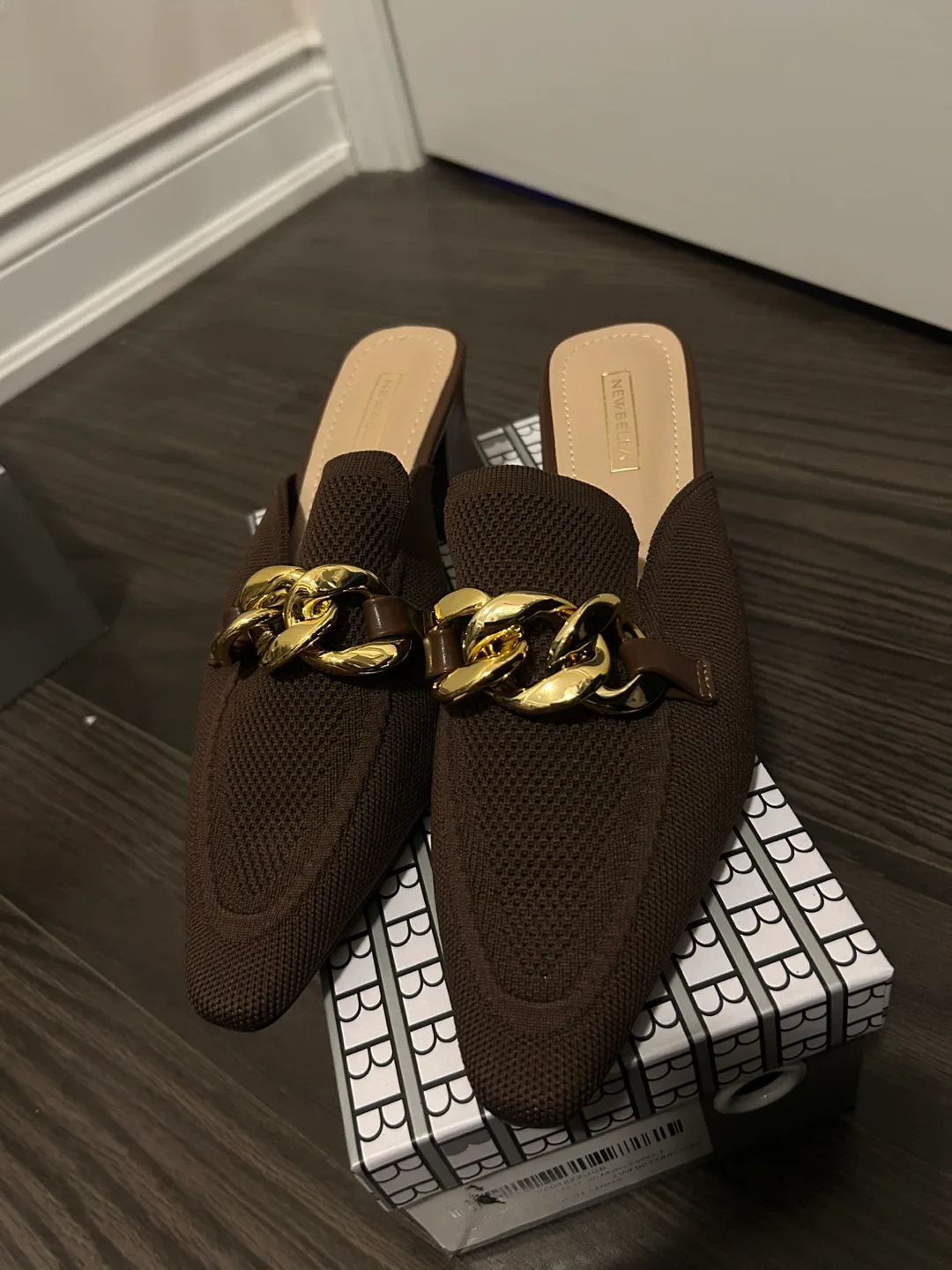 New newbelle brown knit heeled mules size 8 image indicator(5)