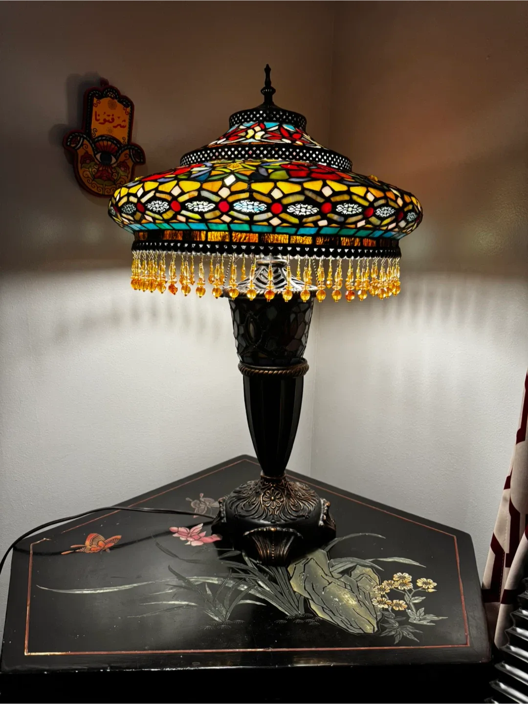 Stained Glass Parisian Tiffany Lamp Beaded Shade Victorian Boho image indicator(3)