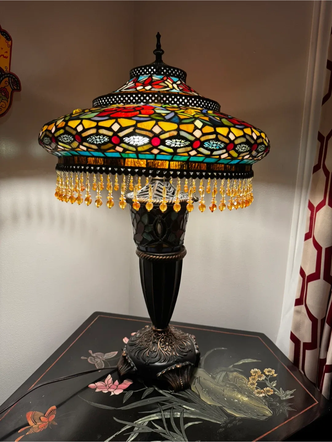 Stained Glass Parisian Tiffany Lamp Beaded Shade Victorian Boho image indicator(4)