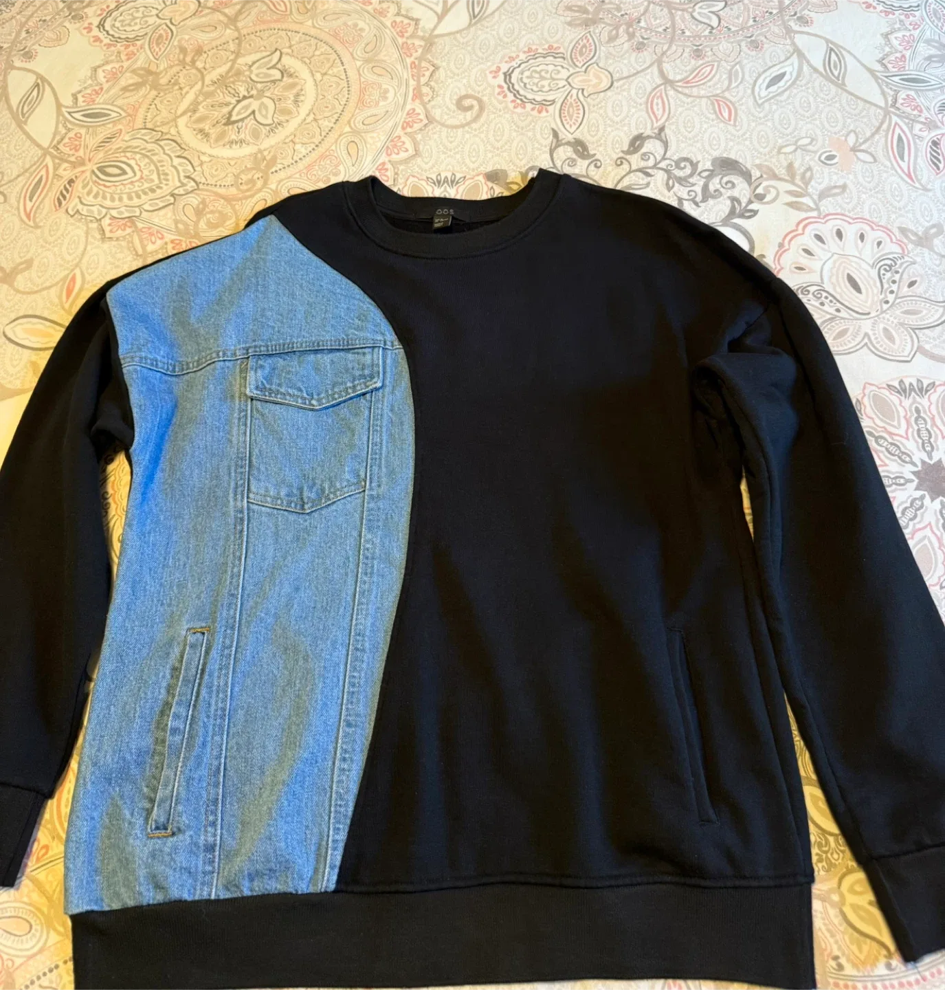 Women Black Sweatshirt with Denim Detail. Medium thumbnail