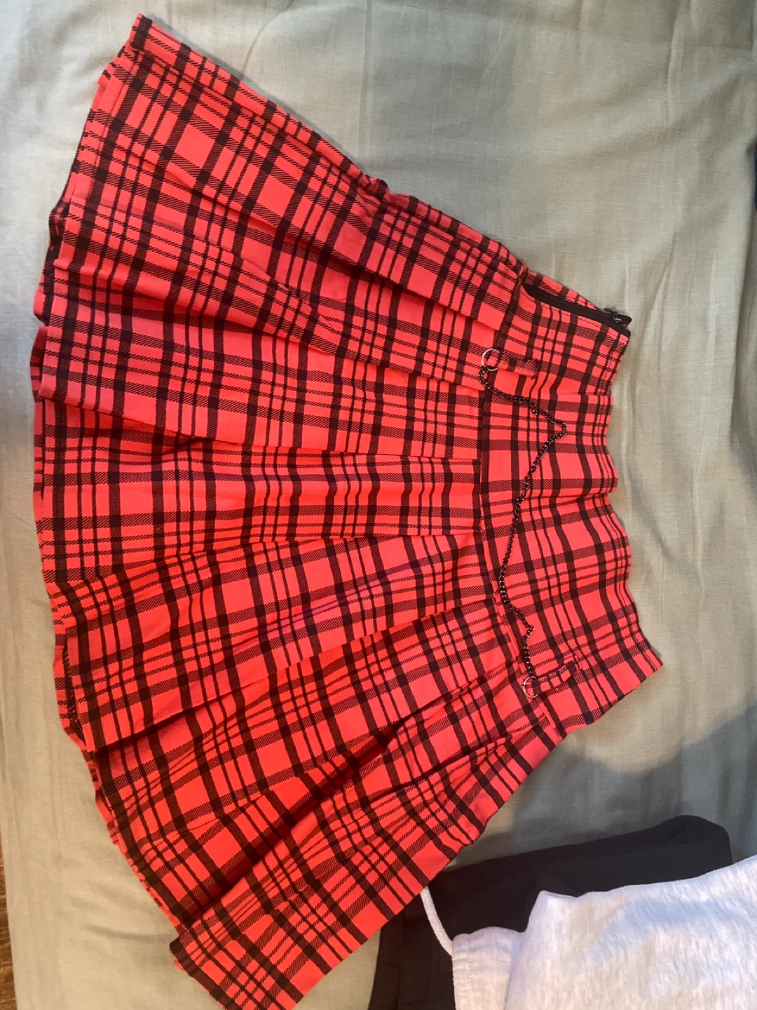 Red & Black Plaid Skirt with Chain Detail