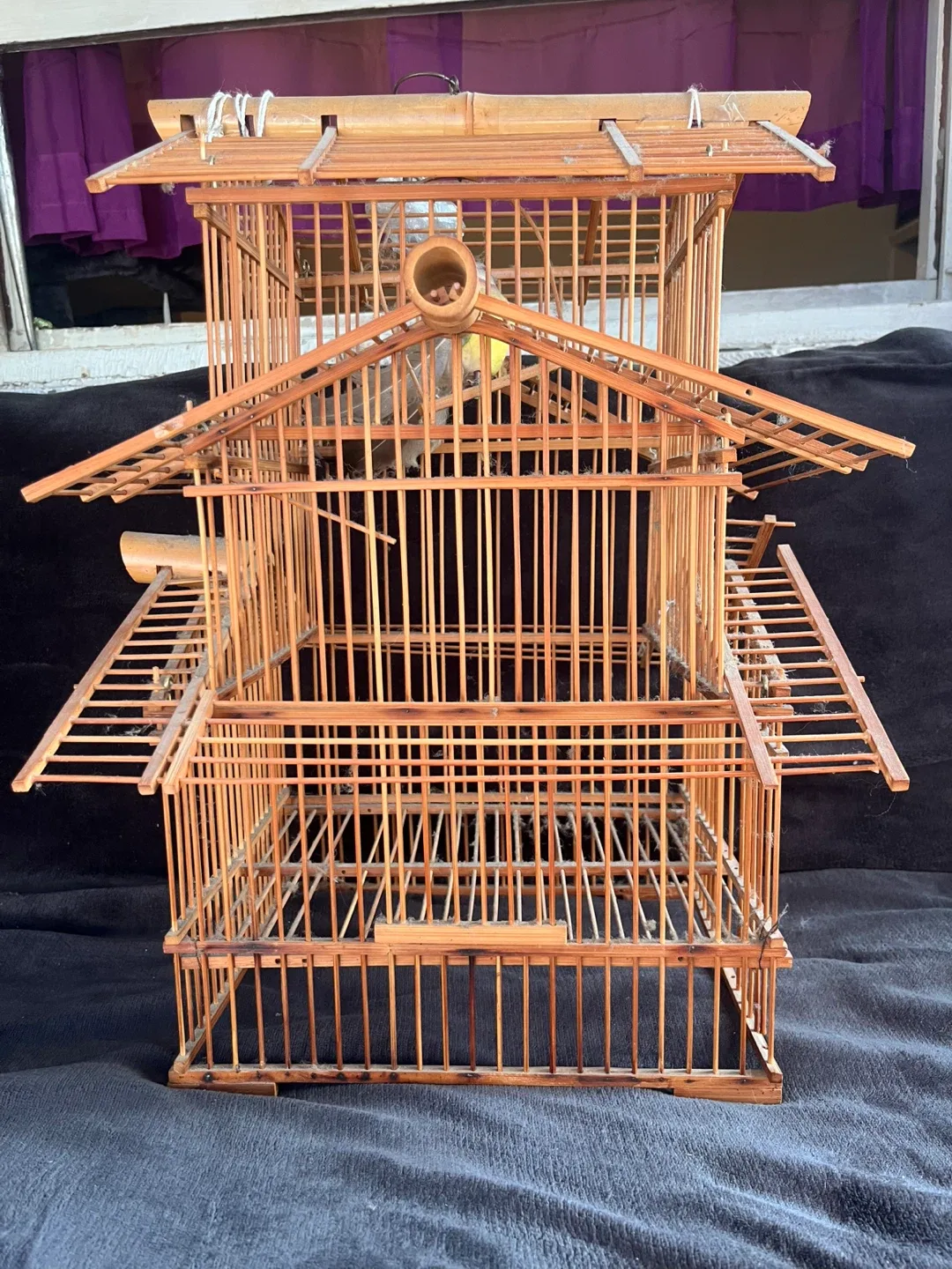Vintage Bamboo Bird Cage (FAKE BIRD) thumbnail