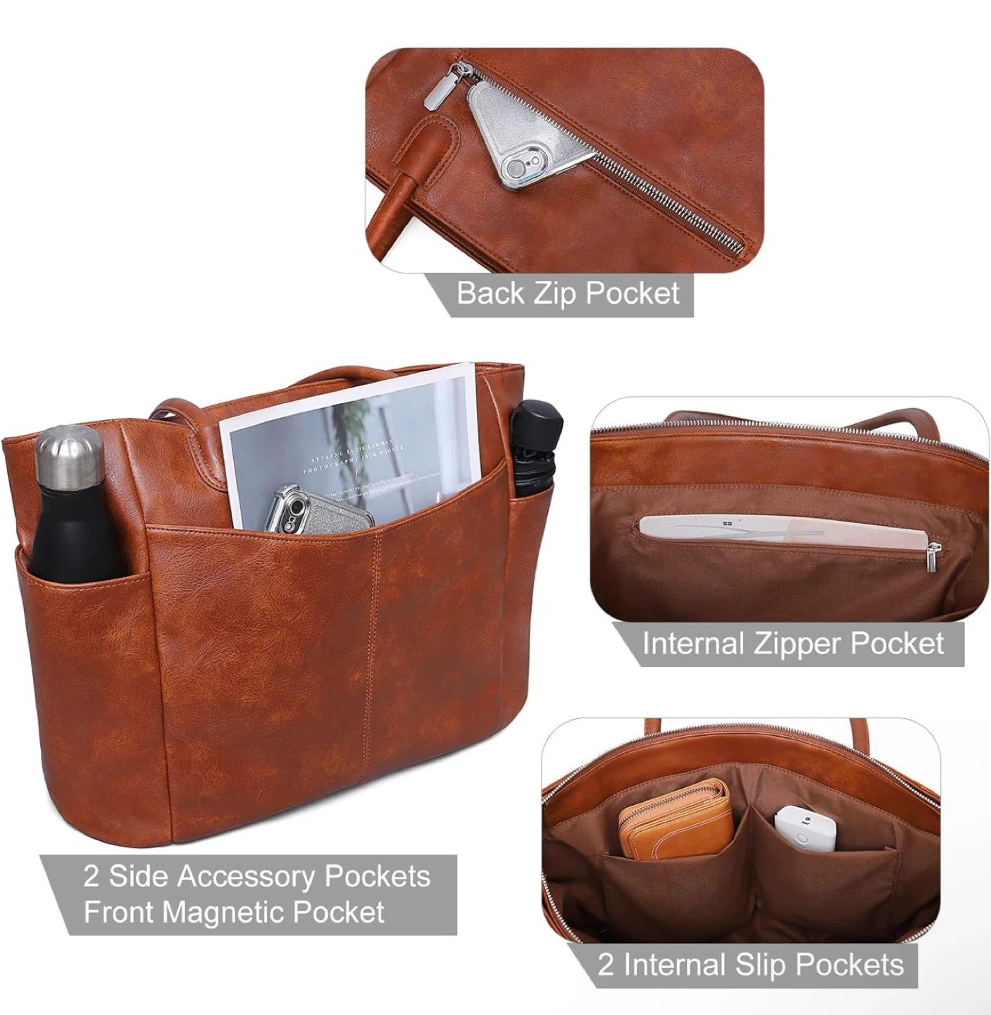 Brown Leather Tote Bag - 15.8" x 11.8" - photo 4