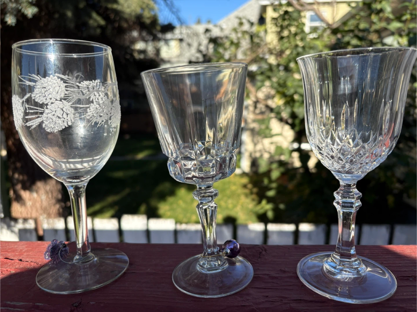 Set of 3 Etched Crystal Wine Glasses