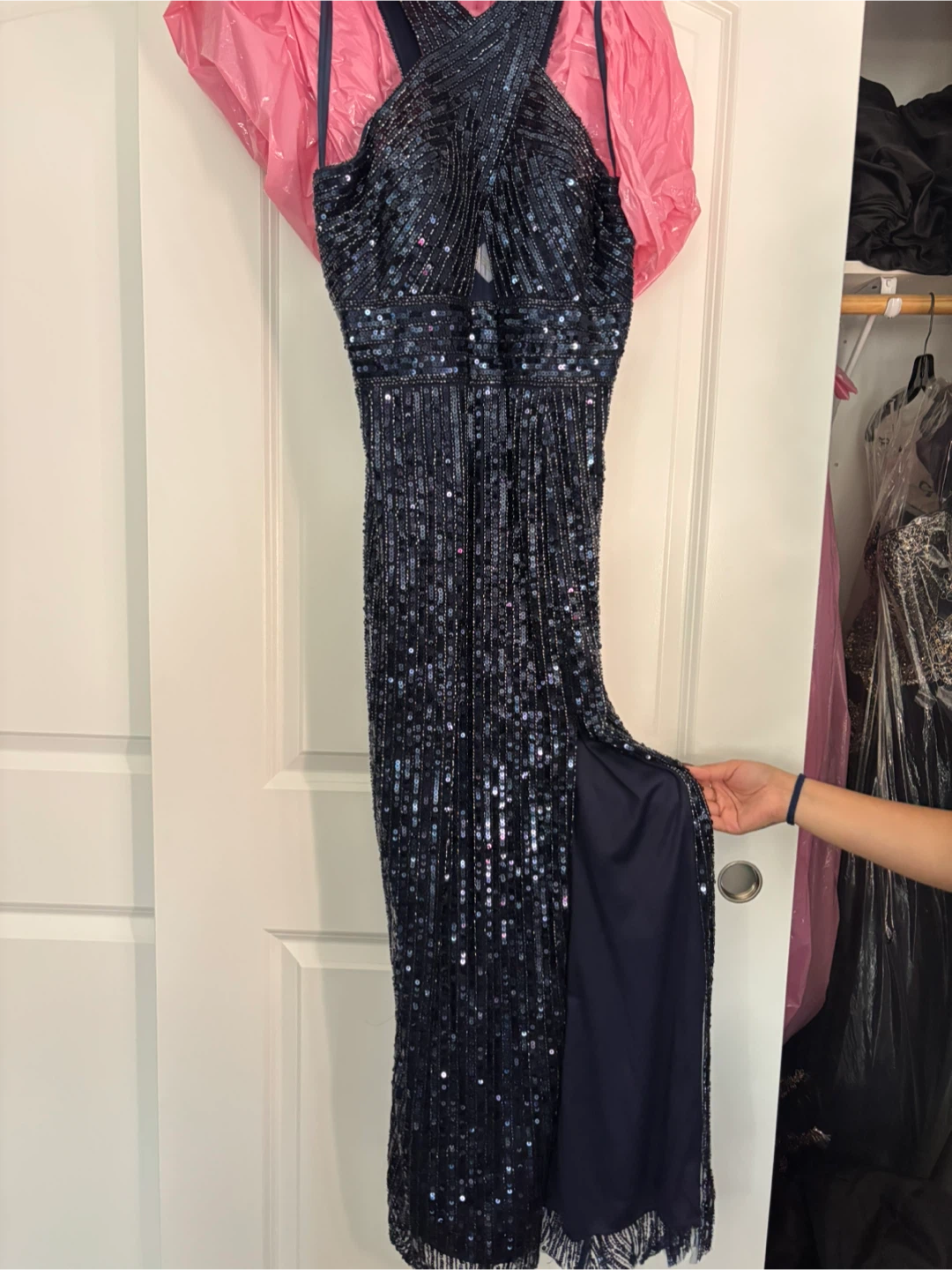 Sequin Embellished Navy Blue Gown - photo 2