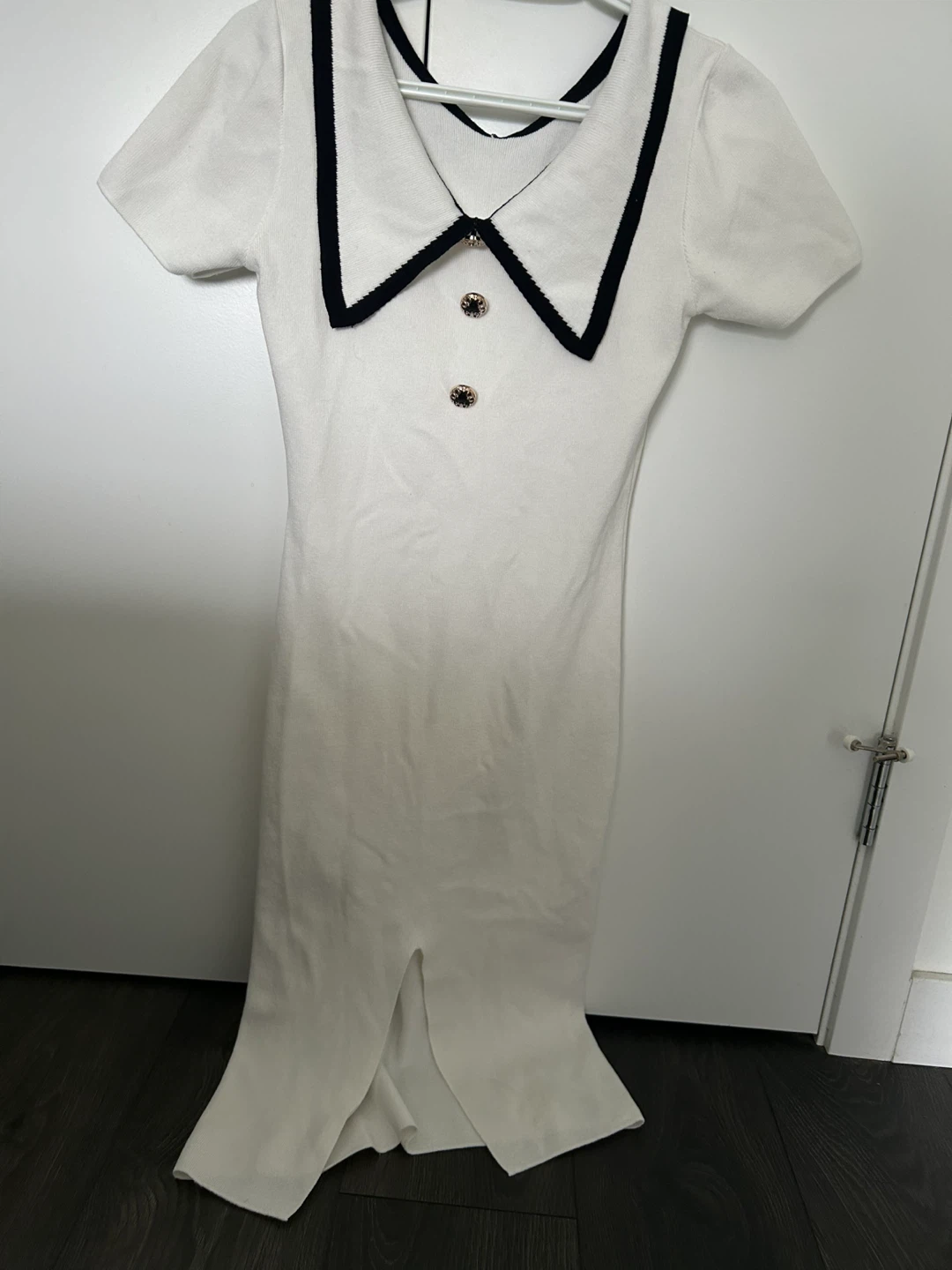 White Knit Dress with Black Collar
