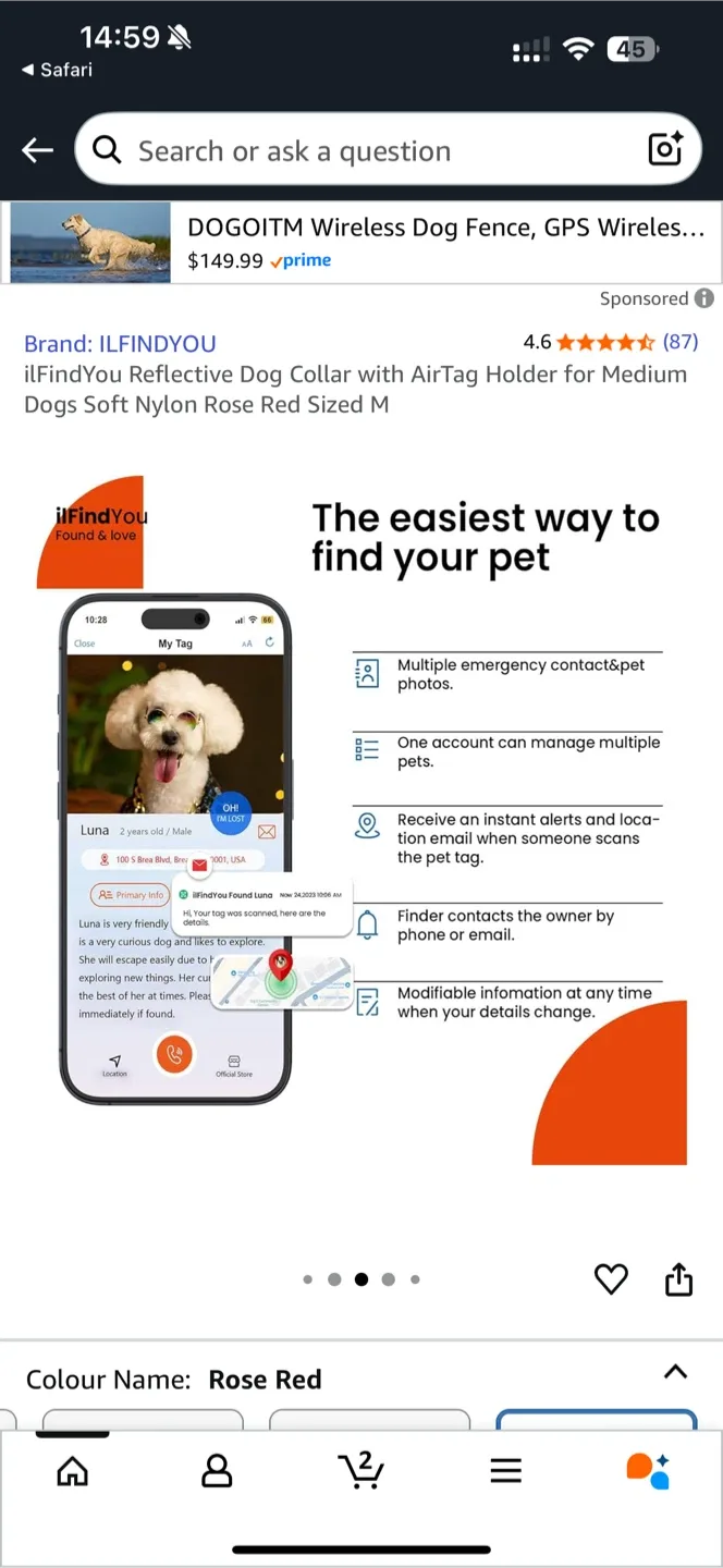 ilFindYou Reflective Dog Collar - Rose Red, Size M image indicator(4)