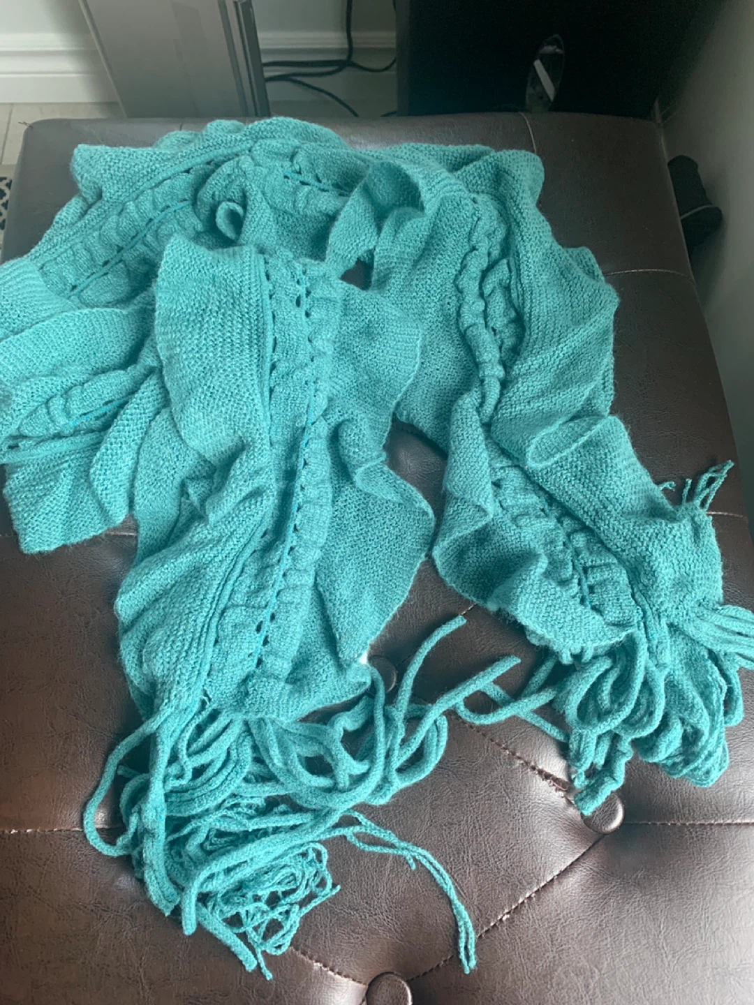 Teal Knitted Scarf with Fringe