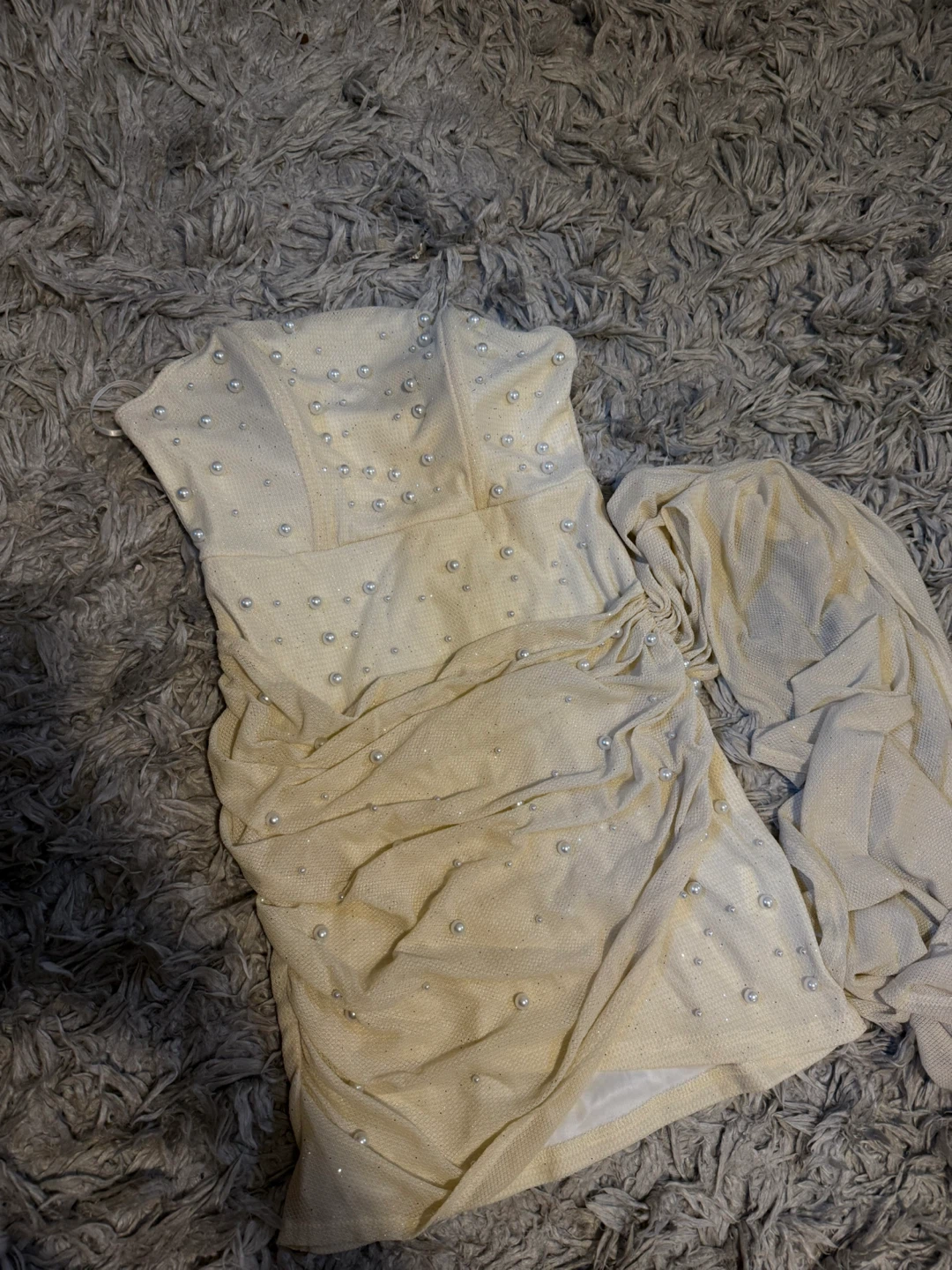 Beige Pearl Embellished Mini Dress