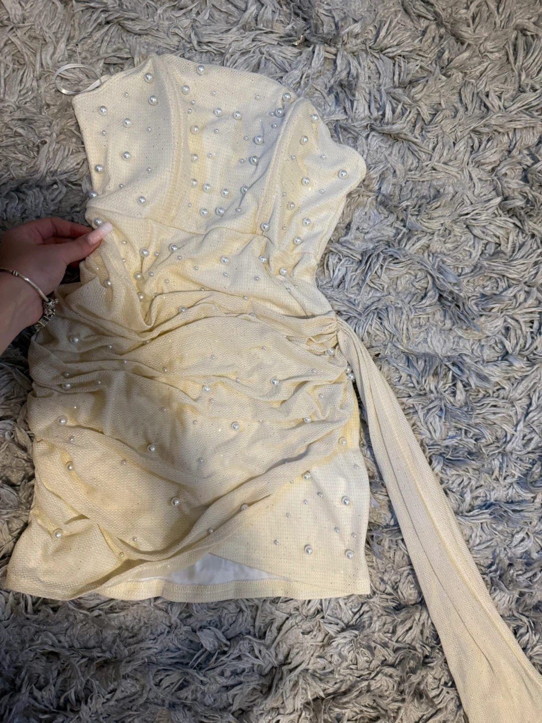 Beige Pearl Embellished Mini Dress - photo 5