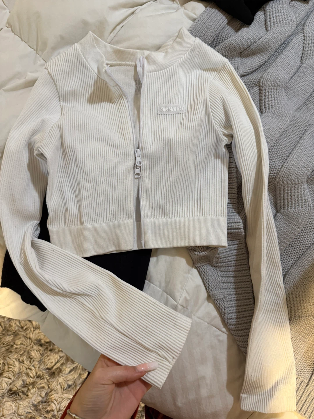 Sommer Ray White Ribbed Cropped Zip Jacket