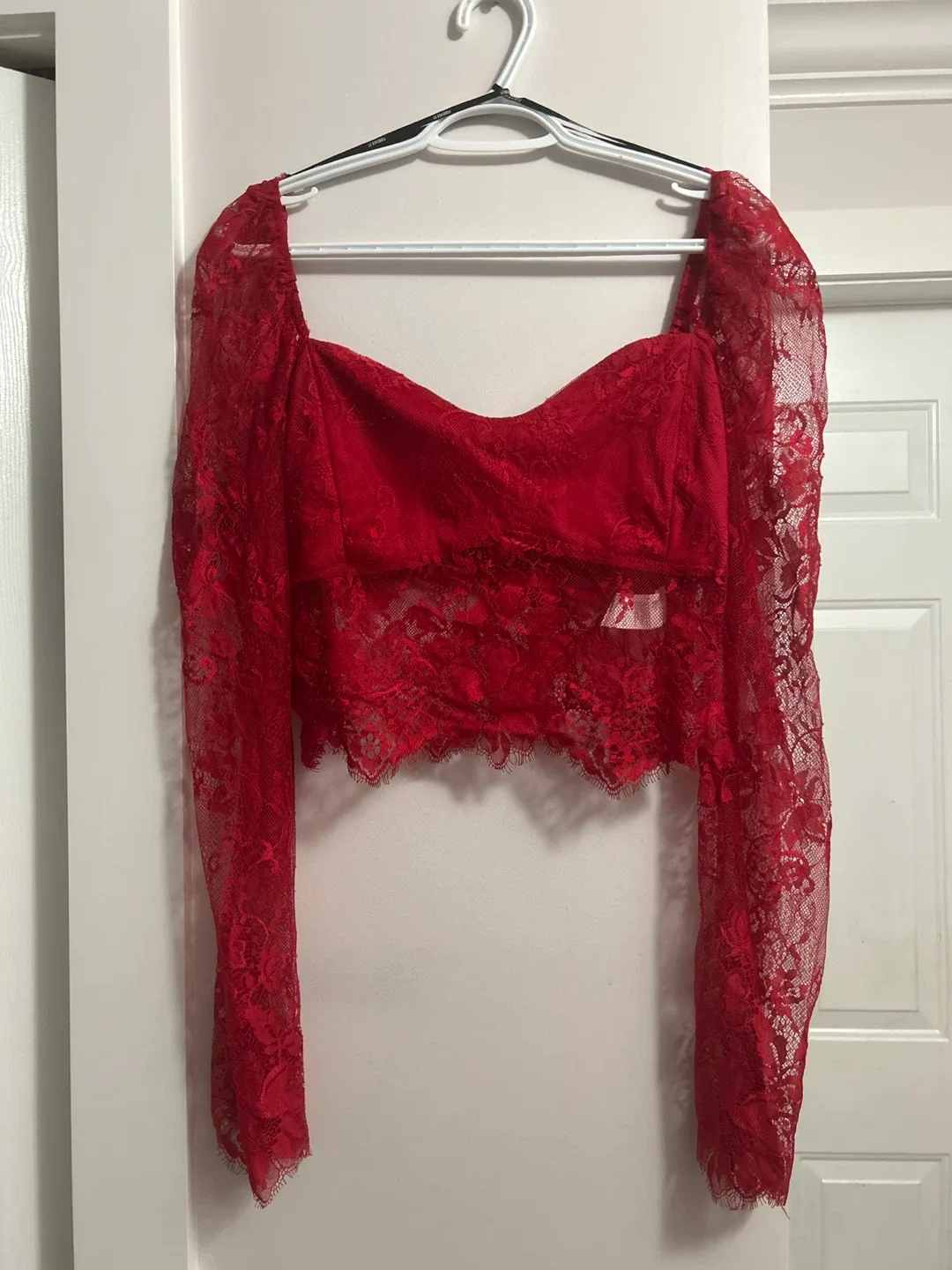 Forever 21 Red Lace Crop Top - Size L thumbnail