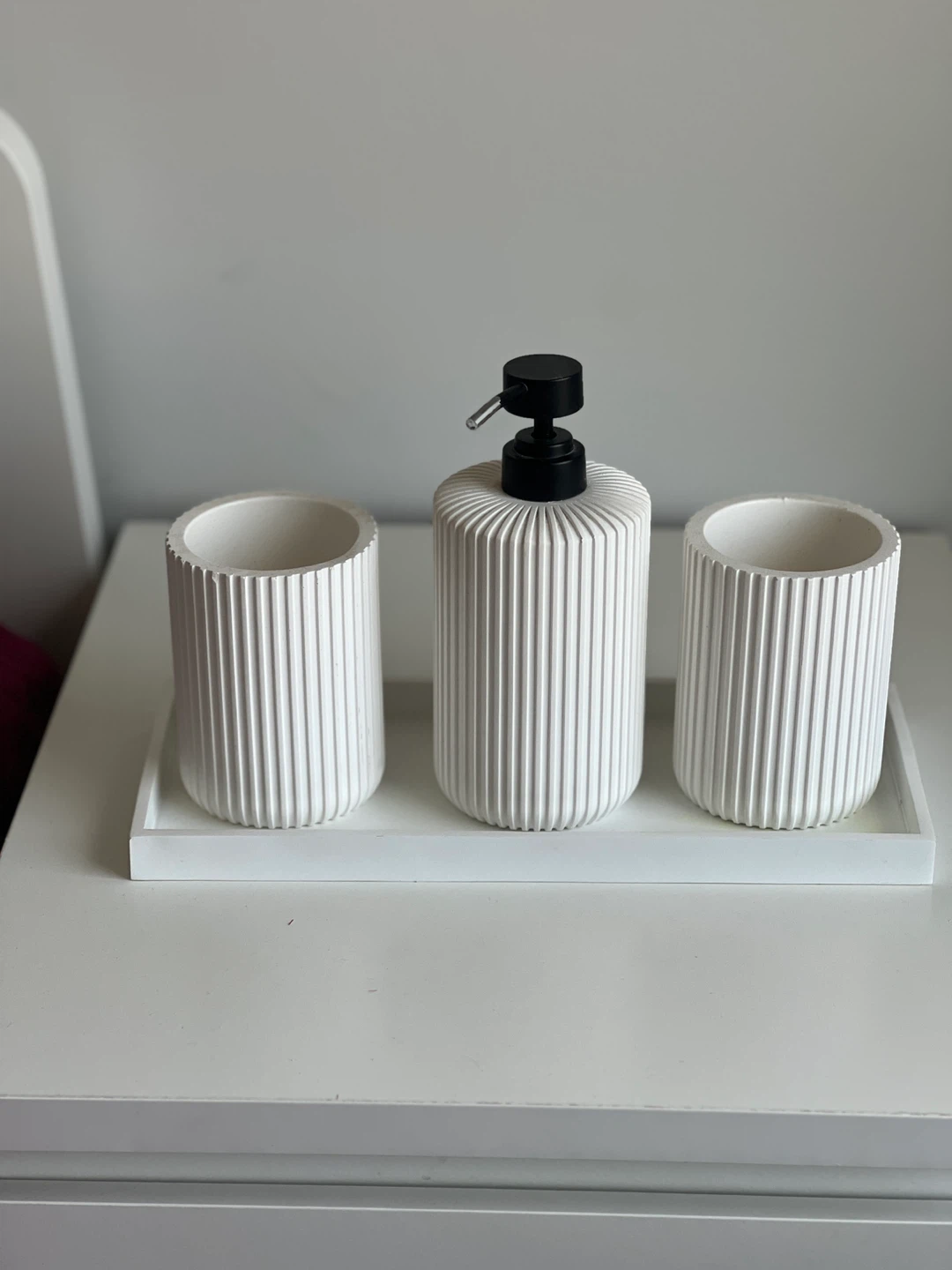 White Bathroom Set - Soap Dispenser, Tray, Toothbrush Holder,Cup