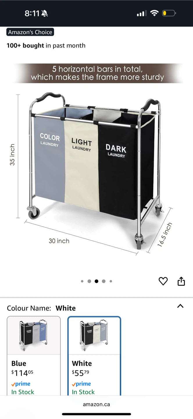 3-Section Rolling Laundry Sorter Cart - White