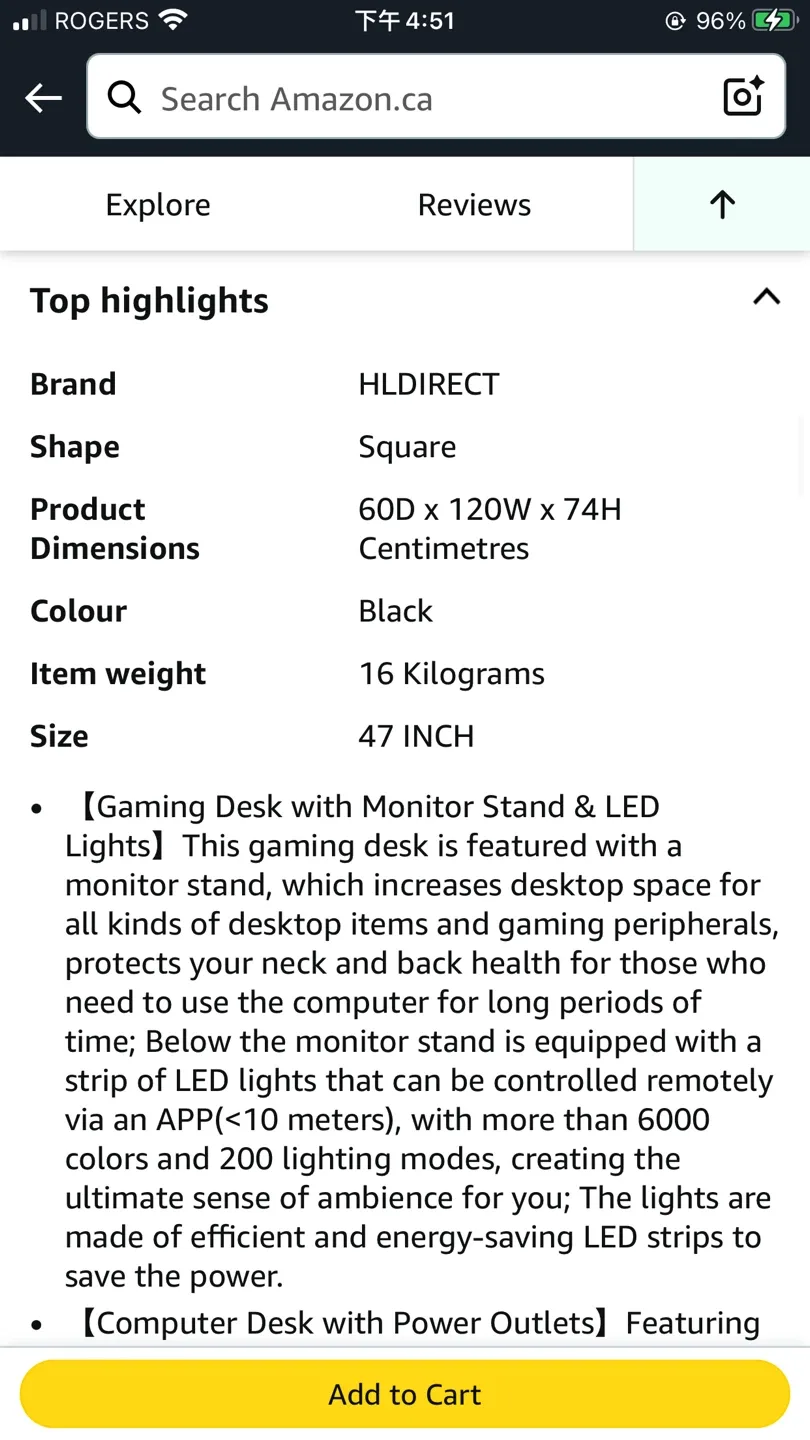 HLDIRECT 47 Inch Gaming Desk with LED Lights & Power Outlet image indicator(8)