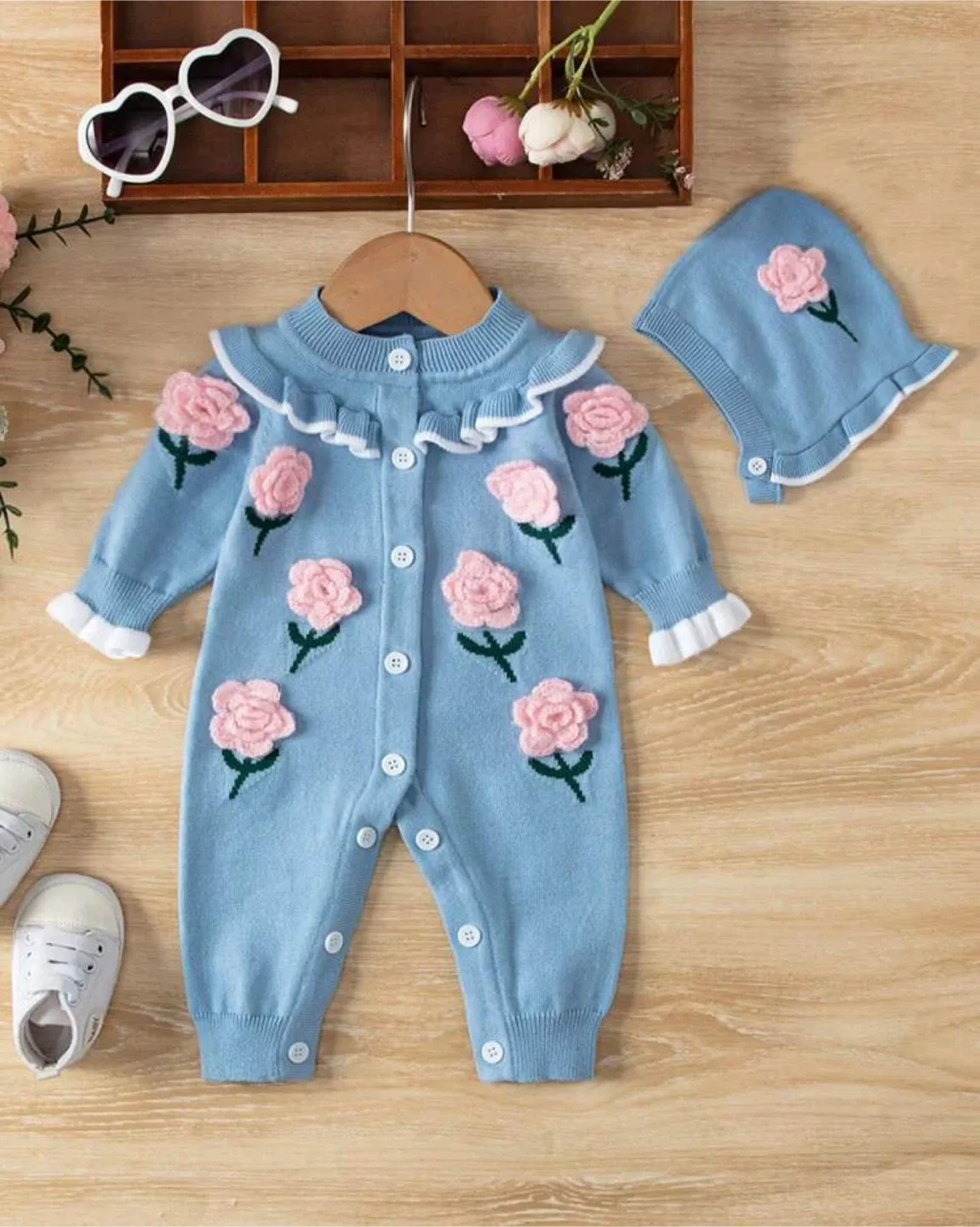 Blue Knit Baby Romper with Bonnet, 1-3months BUT HUGE! thumbnail
