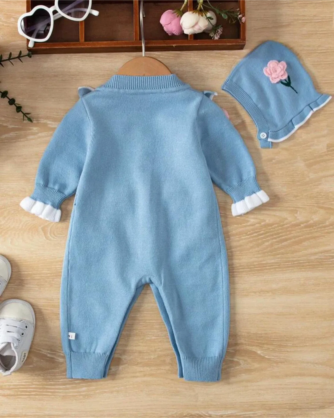 Blue Knit Baby Romper with Bonnet, 1-3months BUT HUGE! image indicator(2)
