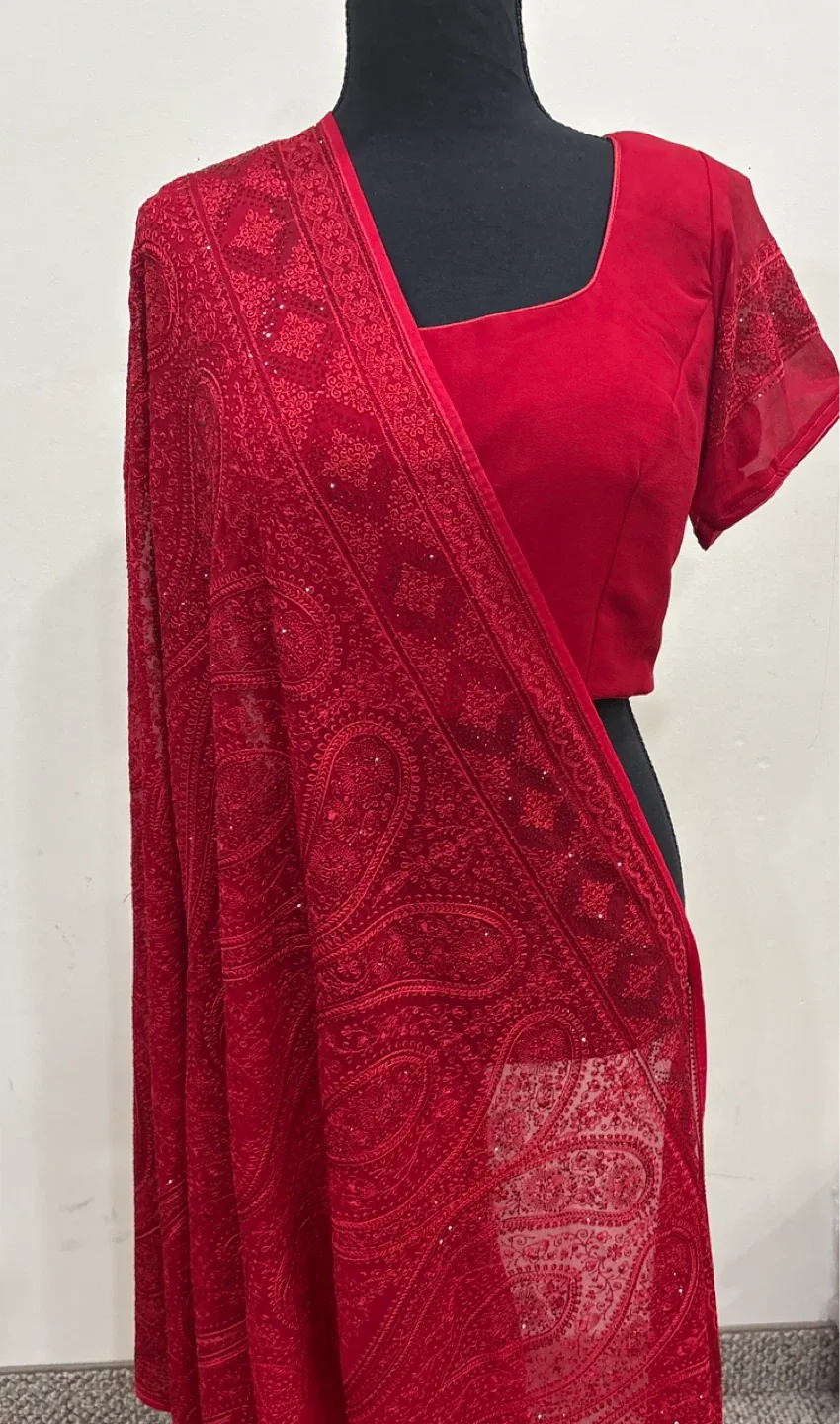 Red Embroidered Chickenkari Saree thumbnail