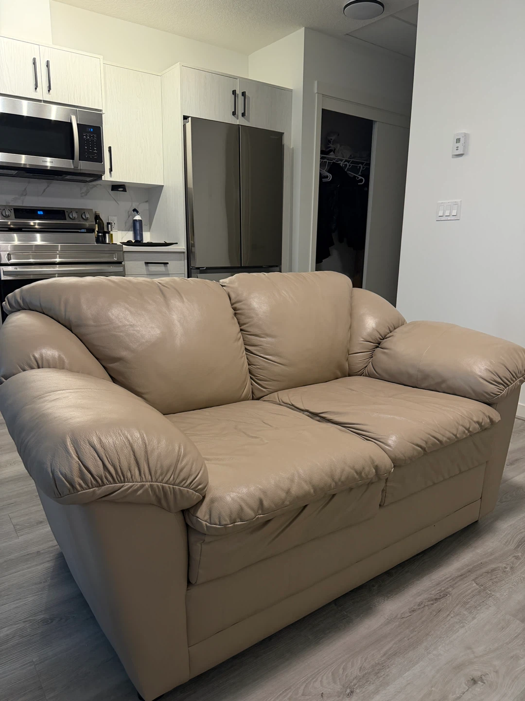 Beige Leather Loveseat Sofa