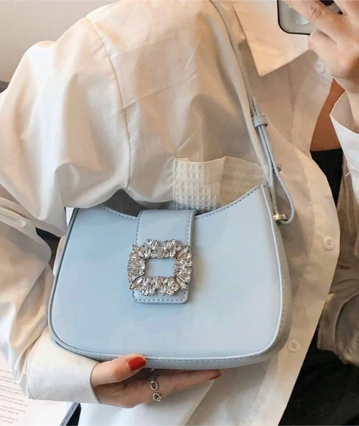 Light Blue Crystal Buckle Shoulder Bag thumbnail