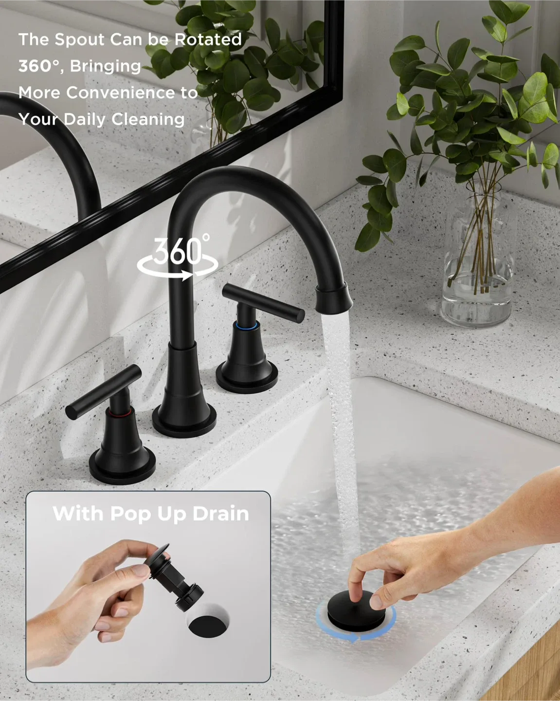 FORIOUS Bathroom Faucet 3 Hole - 8” - Pop up Drain image indicator(3)