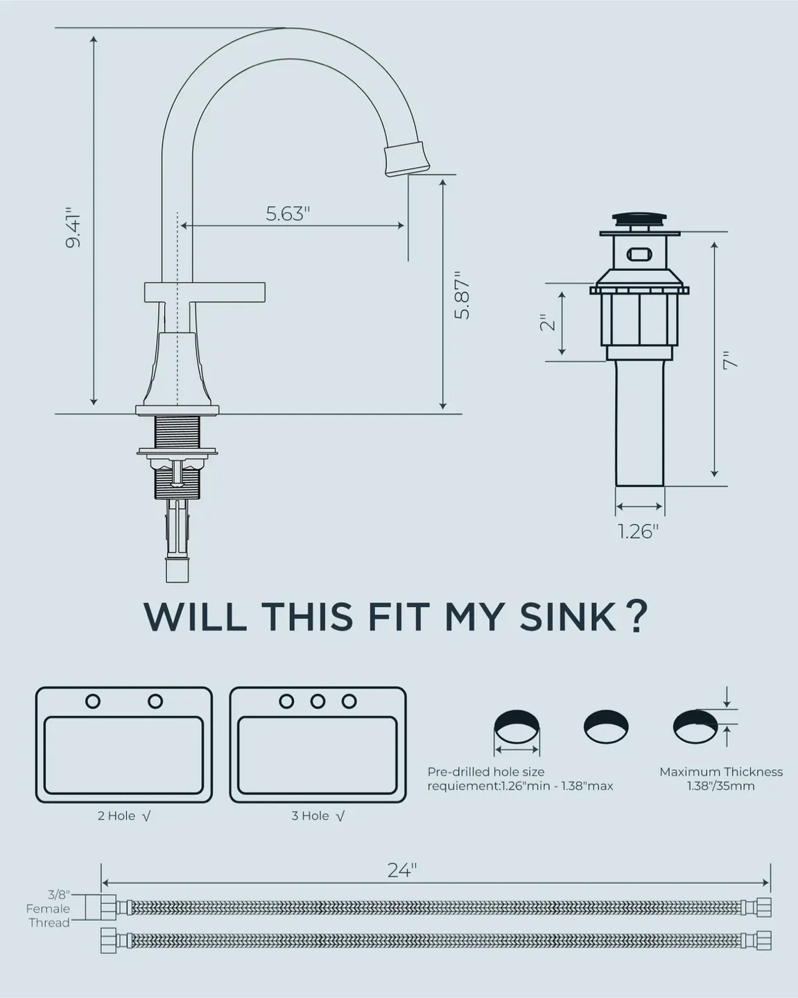FORIOUS Bathroom Faucet 3 Hole - 8” - Pop up Drain image indicator(5)