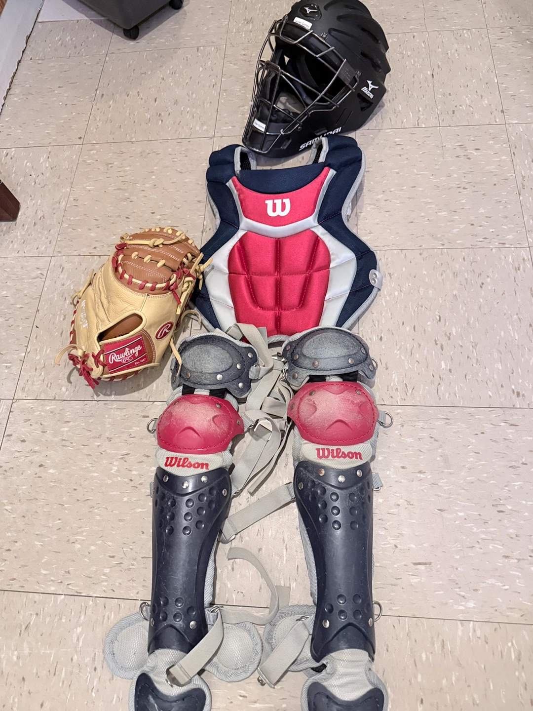 Rawlings Glove, Wilson Catcher's Gear, & Mizuno Helmet