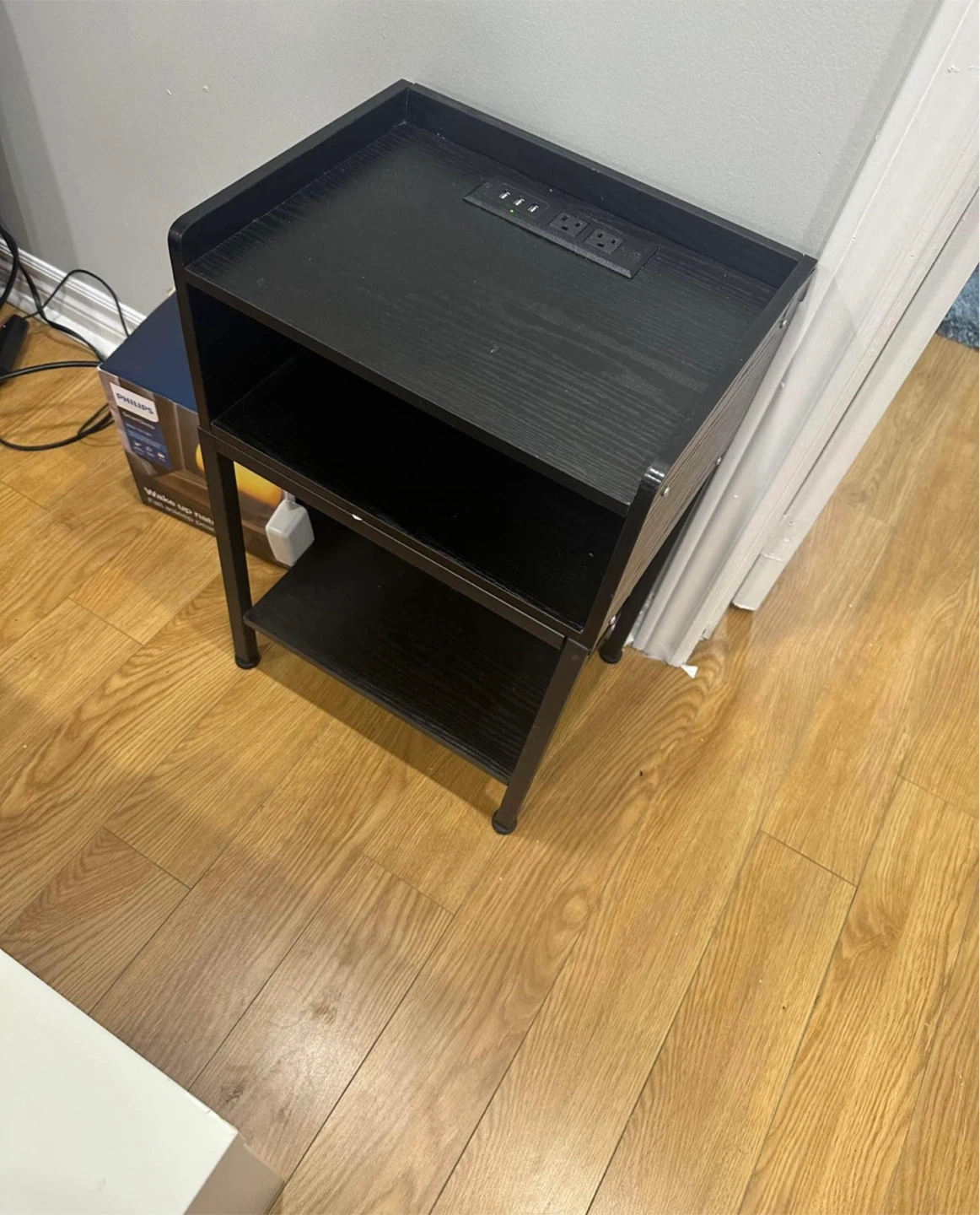 Black End Table with USB Ports & Shelves