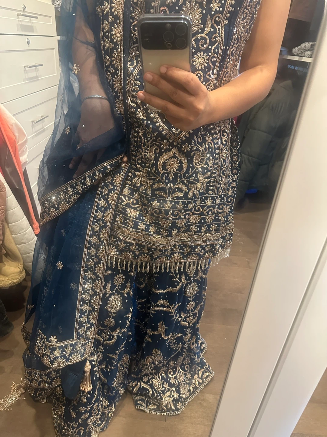 Teal & Gold Embroidered Sharara suit