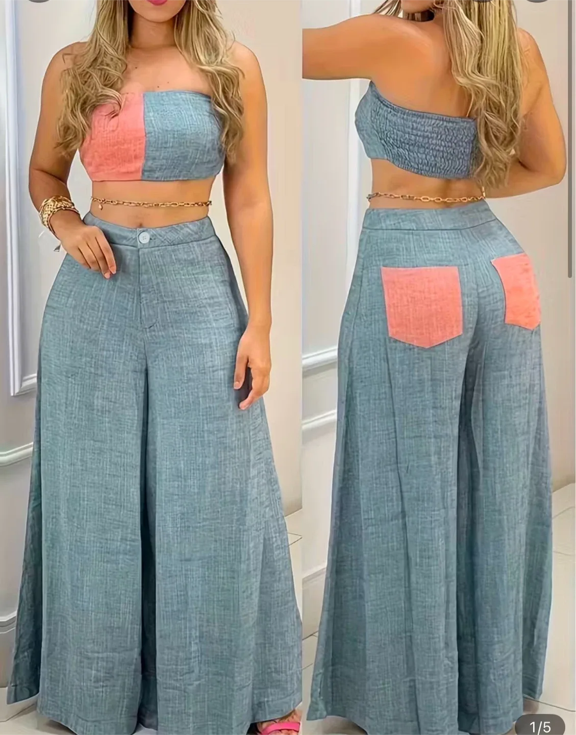 Two-Piece Crop Top and Wide Leg Pants Set thumbnail