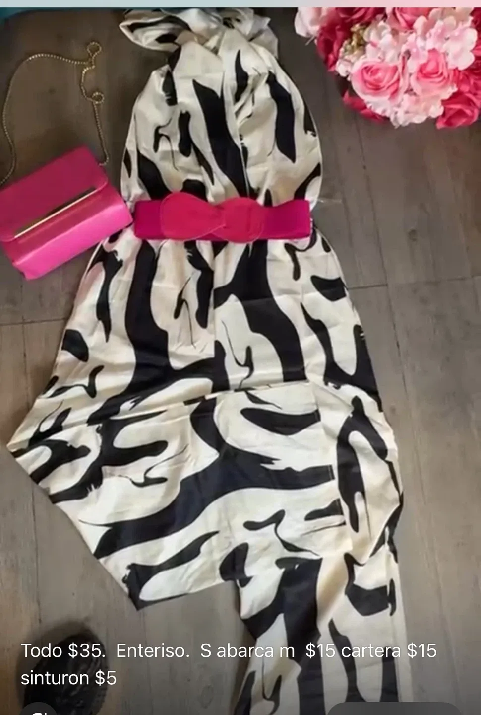 Zebra Print Jumpsuit with Pink Belt & Bag thumbnail