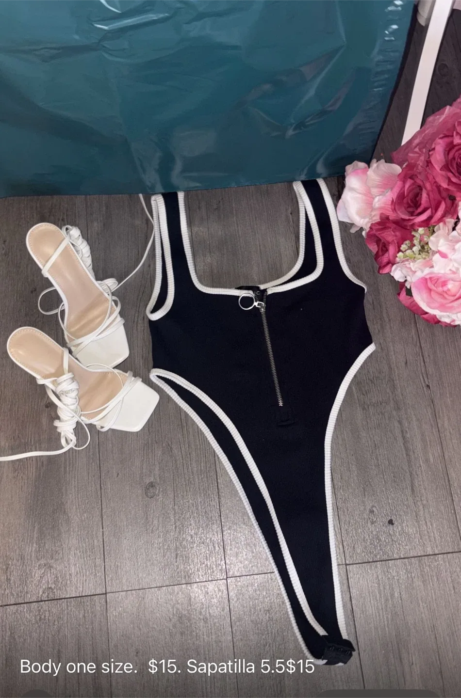Black & White Bodysuit + White Heels (Size 5.5) thumbnail