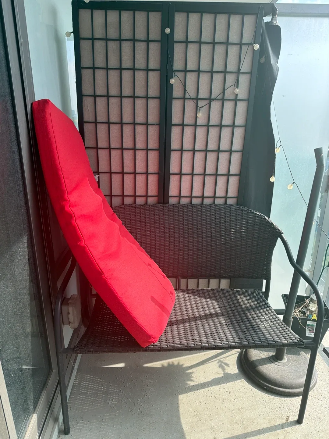 Wicker Patio Bench with Red Cushion image indicator(2)