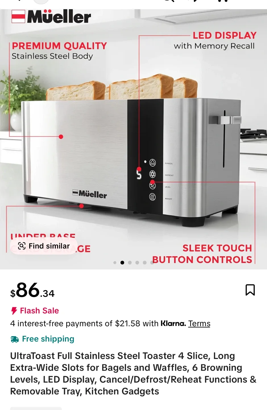 Mueller UltraToast Full Stainless Steel Toaster 4 Slice thumbnail